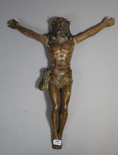 195- Grand Christ en bois sculpté polychrome...