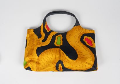VALENTINO - 40cm black satin cotton bag printed...
