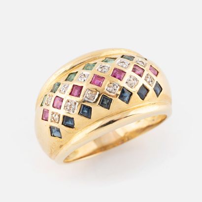 55- Yellow gold ring set with diamonds, emeralds,...