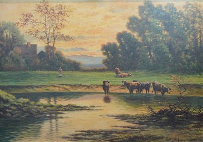 395- JACQUILLAT ''Paysage animé aux vaches''....