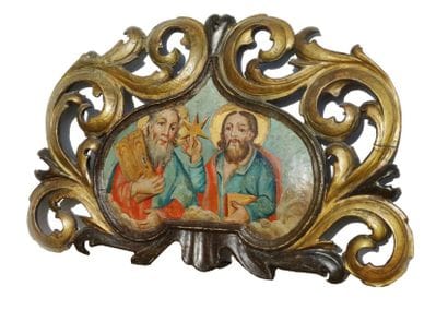 Fronton d'iconostase en bois doré et polychrome...