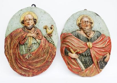 Paire de panneaux ovale en bois polychrome...