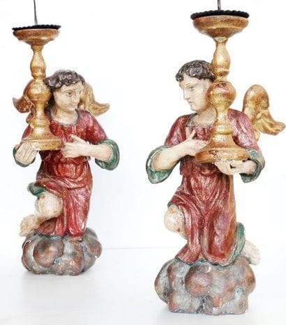 163- Paire de sculptures en bois polychrome...