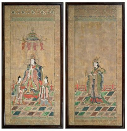 Two gold and coloured inks on silk, one depicting...