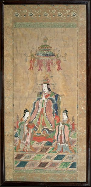 Two gold and coloured inks on silk, one depicting...