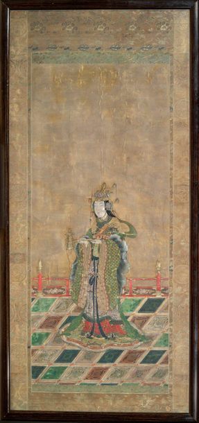 Two gold and coloured inks on silk, one depicting...