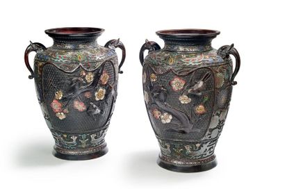 Pair of two-handled bronze baluster vases...