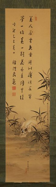 Triptych
Ink on silk, Buddhist attributes:
Scrâne...