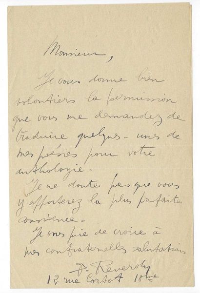 REVERDY, Pierre (1889-1960), poète français.
L.A.S....