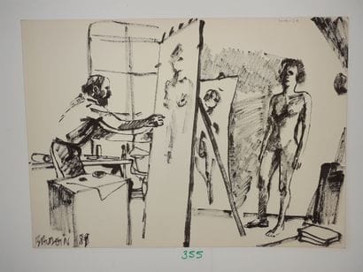 Baudouin – Dessin original : Peintre et modèle....