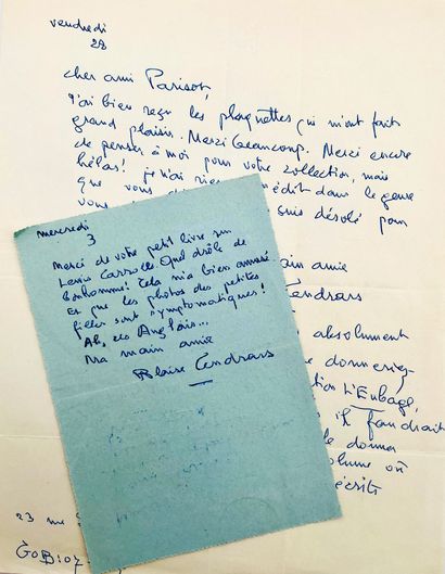 BLAISE CENDRARS
2 autograph letters signed...