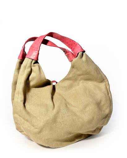 Renouard; Beige fabric and pink leather bag...