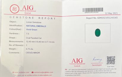 椭圆形绿宝石，重4.73克拉。(附有AIG证书，显示 