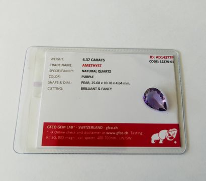 梨形切割紫水晶，重4.37克拉 - 可能出处为巴西 - 未加热 - 未处理，有GFCO证书（瑞士实验室），编号AD14377P...