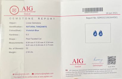 一对梨形切割坦桑石，总重2.54克拉。 附有AIG证书，证明宝石的性质。