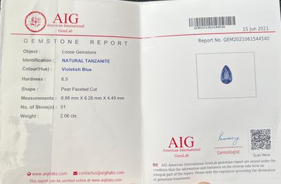 坦桑石梨形切割，重2.06克拉 附有AIG证书，证明宝石的性质