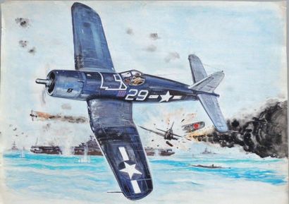 DUPUIS. Pierre
«Avion Corsair». Gouache couleurs...
