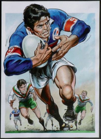 CHÉRET. André
«Rugbyman». Gouache couleurs...