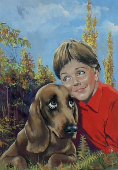 ASLAN
«L'Enfant au Teckel». Gouache couleurs...