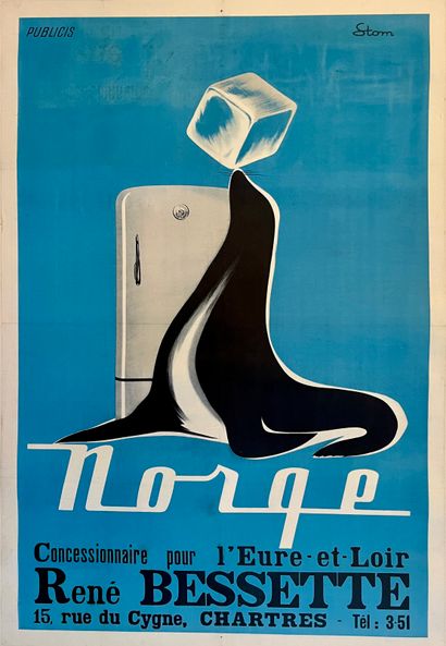 STOM. Réfrigérateur Norge. Circa 1955. Affiche...