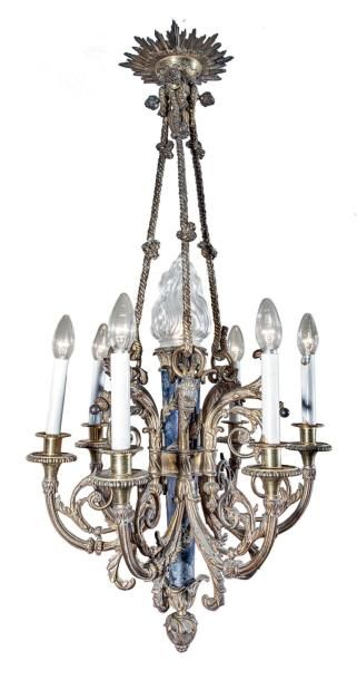 Lustre en bronze doré et métal bleui à six...