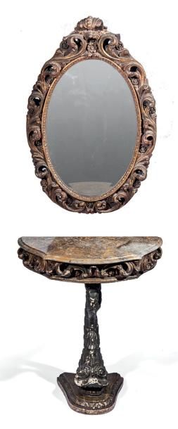 Console et son miroir En bois sculpté à patine...