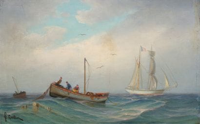 F.GAUTIER，法国画派，20 世纪早期
渔船和双桅船
布面油画，左下方有签名
37...