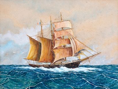 R.梅努埃，法国画派，20 世纪
从右舷看三桅船
水粉和水彩画，右下方有签名（有些模糊不清的痕迹）
33...