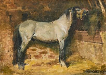 亨利-德卢尔莫兹（1876-1943）
马厩里的马
布面油画，右下方有签名
34...