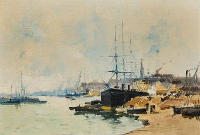 埃德蒙-玛丽-佩蒂让（1844- 1925 年）作品归属于
河边村庄风景
布面油画，镶板
28...