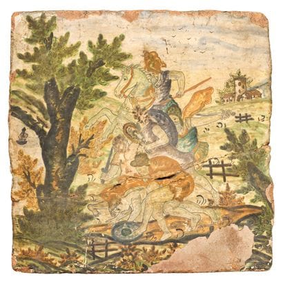 意大利画派，19 世纪，文艺复兴风格
六名战士在战场上厮杀
陶土上的珐琅 50.5...