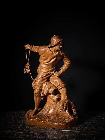 约瑟夫-勒古鲁什（18949-1915）
拯救者
大型单色陶土画。
波浪上有签名。
法国，19...