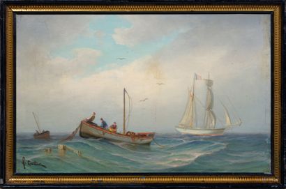 F.GAUTIER，法国画派，20 世纪早期
渔船和双桅船
布面油画，左下方有签名
37...