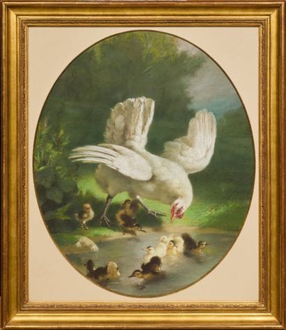 莱热-舍雷尔（1846-？）
母鸡与小鸡
粉彩画，左下方有签名
H.57 厘米 宽...