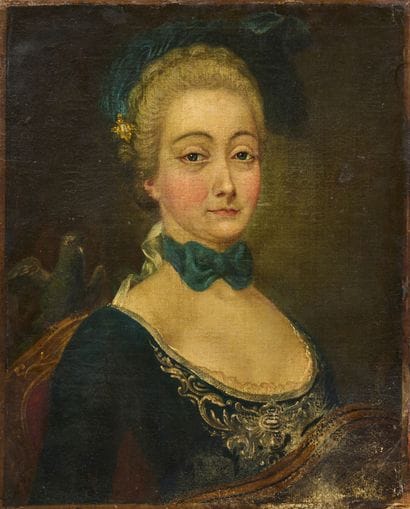法国学校，约 1750 年
带鹦鹉的年轻女士肖像
布面油画
55 x 46 厘米...