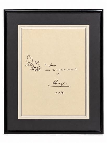 Hergé - Autograph: Drawing on a sheet of...