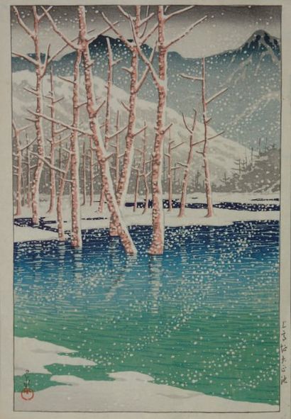 Estampe de Hasui, tempête de neige sur un...