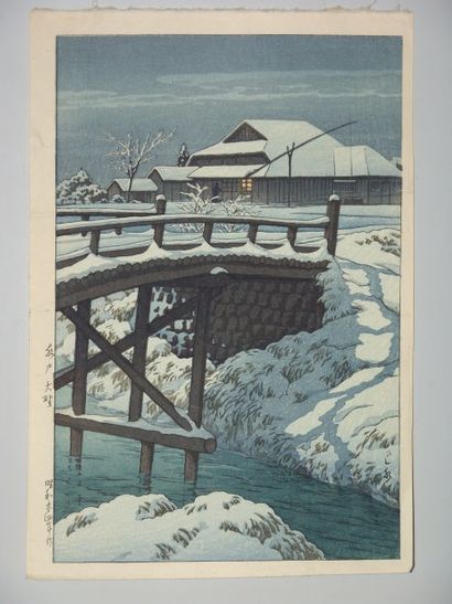 Estampe de Hasui, le pont sur la rivière...
