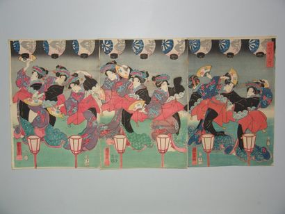 Estampe de Kuniyoshi, triptyque, un groupe...