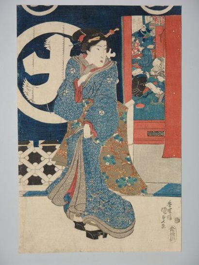 Estampe de Kunisada, une jeune femme devant...