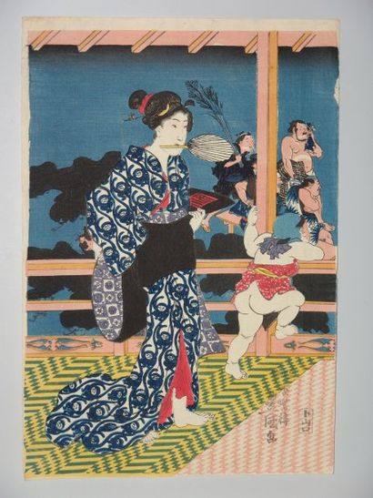Estampe de Toyokuni III, une jeune femme...