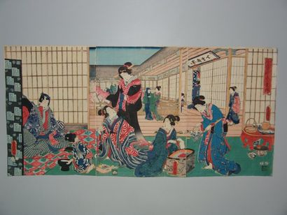 Estampe de Toyokuni III, triptyque, préparation...