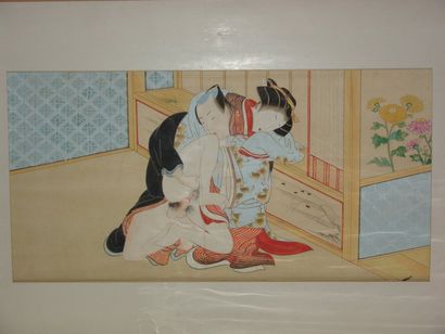 Peinture érotique de Koriyusai, couple enlacé....