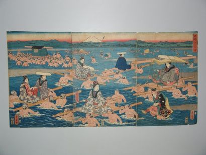 Estampe de Shigenobu, triptyque, traversée...