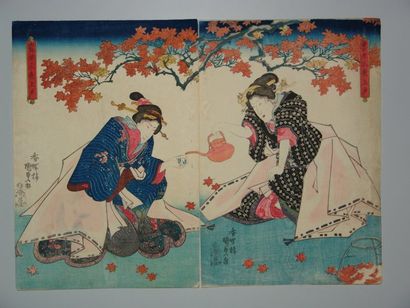 Estampe de Kunisada, diptyque, deux jeunes...