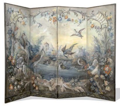 Paravent à quatre feuilles à décor polychrome...