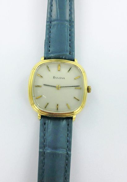 BULOVA.
750-thousandths gold watch on a leather...