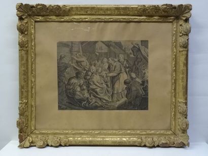 Gravure, dans un cadre en bois sculpté et...