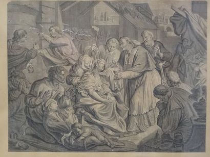 Gravure, dans un cadre en bois sculpté et...