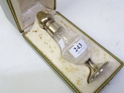 Dans un coffret, une saupoudreuse en vermeil...